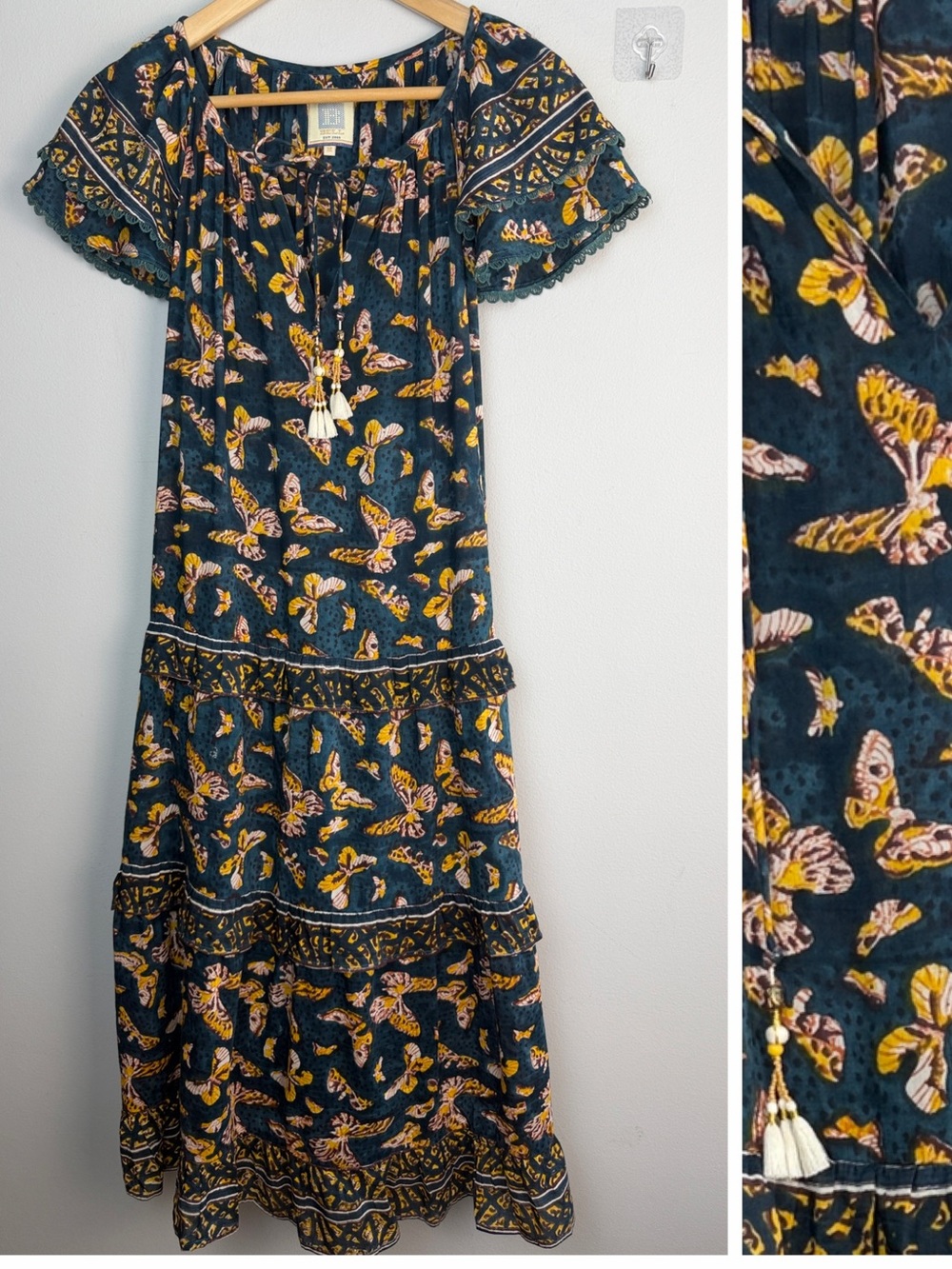 Bell by Alicia Bell Butterfly Print Silk Cotton Medium Midi Dress Ruffle Sleeves